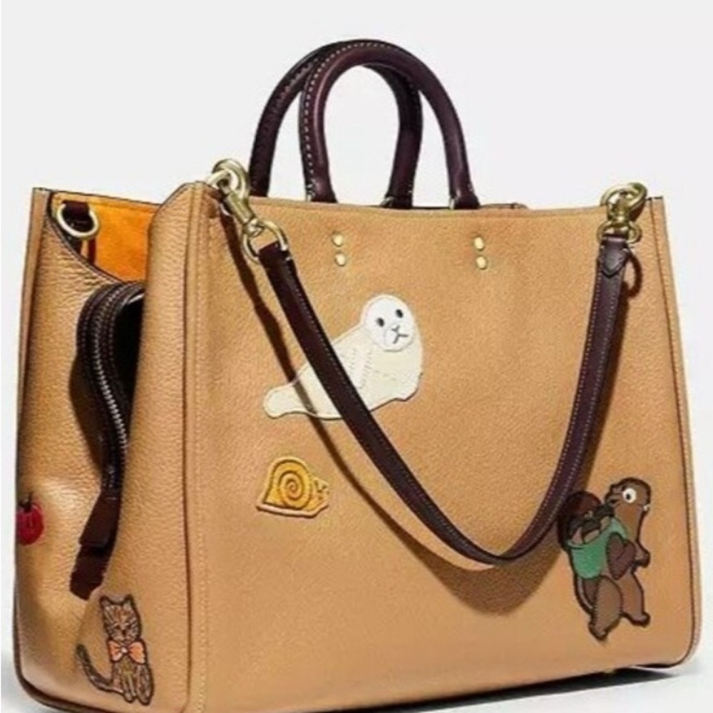 Coach Rouge 39 Tan Tote with Animal Creature Patches: Owl Turtle Cat Mushroom - Picture 2 of 14